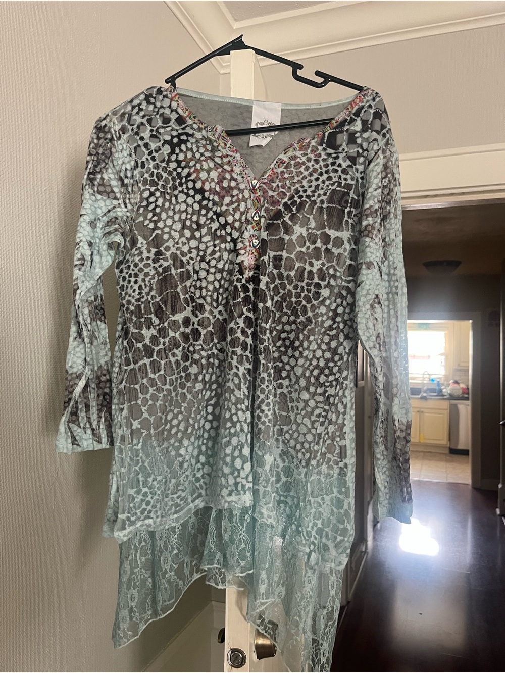 Sheer Mint and Gray Printed Lace-Hem Tunic Top